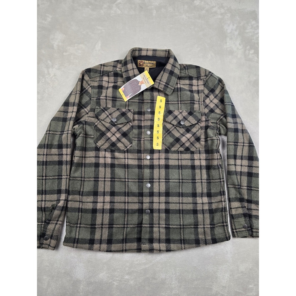 BC Clothing Textured Flannel Shirt Jacket Mens Small Green Plaid Snap Front